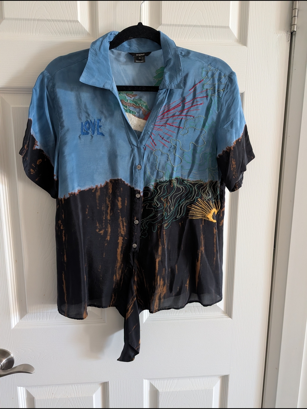 Desigual Light Blue and Black Embroidered Short-Sleeve Men's Shirt